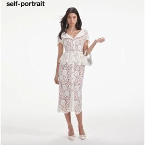 Self Portrait Cream Lace Peplum Midi Dress Wedding Bridal Cocktail US 2 NWT